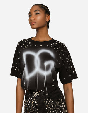JERSEY T-SHIRT WITH DG LOGO PRINT WITH RHINESTONES