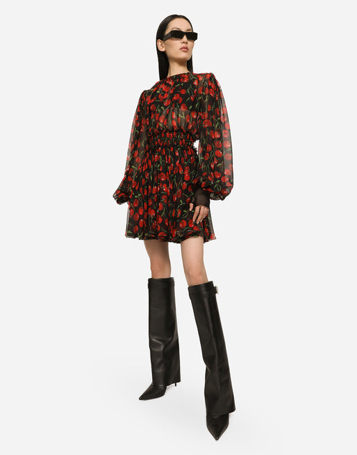 SHORT CHERRY-PRINT CHIFFON DRESS