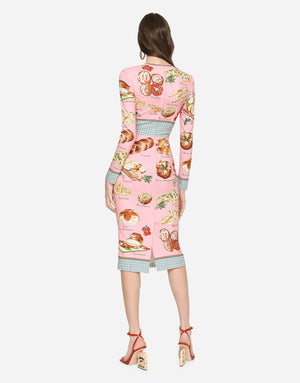 CHARMEUSE CALF-LENGTH DRESS WITH BREAD PRINT