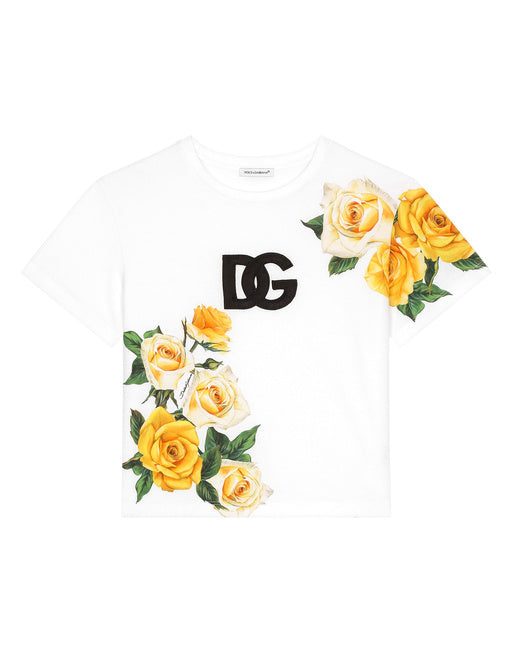 JERSEY T-SHIRT WITH YELLOW ROSE PRINT AND DG LOGO
