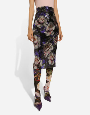 SEQUINED MIDI SKIRT WITH PEONY PRINT