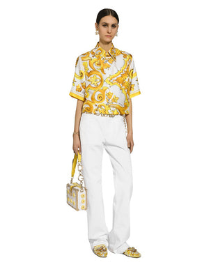 CROPPED SILK TWILL SHIRT WITH MAJOLICA PRINT