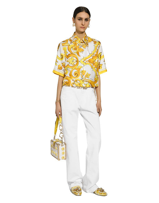 CROPPED SILK TWILL SHIRT WITH MAJOLICA PRINT