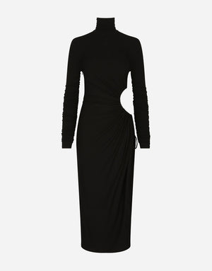 HIGH-NECKED JERSEY CALF-LENGTH DRESS WITH CUT-OUT