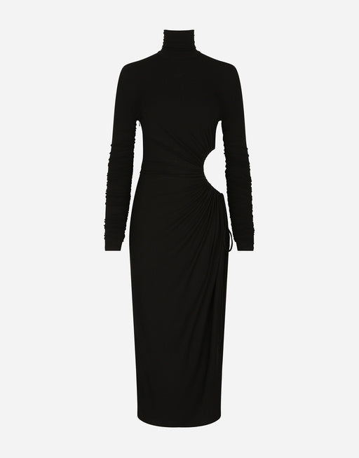 HIGH-NECKED JERSEY CALF-LENGTH DRESS WITH CUT-OUT