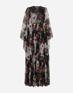 LONG CHIFFON DRESS WITH ROSE GARDEN PRINT