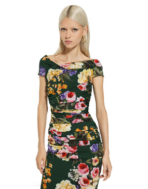 CHARMEUSE DRAPED SHEATH DRESS WITH GARDEN PRINT