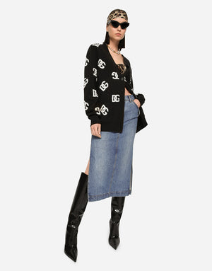 DENIM CALF-LENGTH SKIRT WITH LOGO TAG