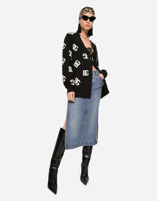 DENIM CALF-LENGTH SKIRT WITH LOGO TAG