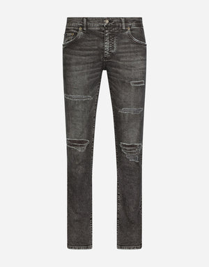 GRAY SKINNY STRETCH JEANS WITH RIPS
