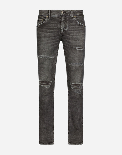 GRAY SKINNY STRETCH JEANS WITH RIPS