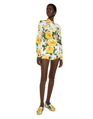 LONG-SLEEVED COTTON SHIRT WITH YELLOW ROSE PRINT