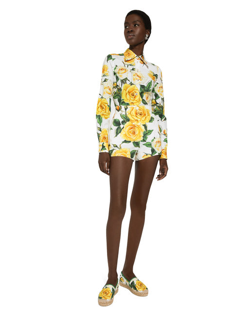 LONG-SLEEVED COTTON SHIRT WITH YELLOW ROSE PRINT
