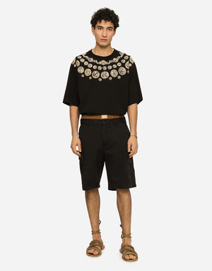 STRETCH COTTON CARGO PANTS WITH BRAND PLATE
