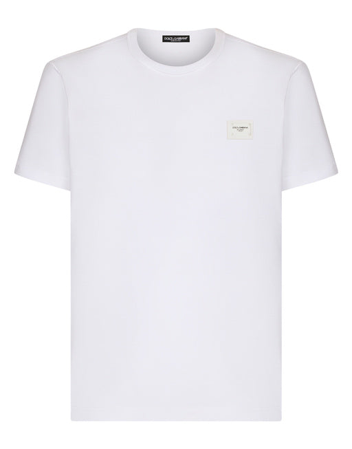 COTTON V-NECK T-SHIRT WITH BRANDED PLATE