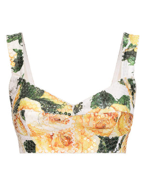SEQUINED CORSET TOP WITH YELLOW ROSE PRINT