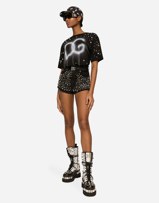 JERSEY T-SHIRT WITH DG LOGO PRINT WITH RHINESTONES