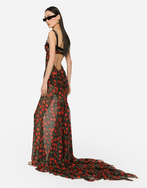 LONG CHERRY-PRINT CHIFFON DRESS WITH TRAIN