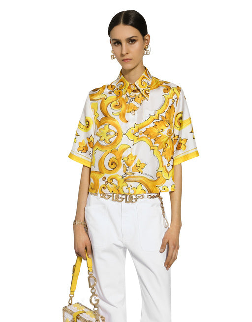CROPPED SILK TWILL SHIRT WITH MAJOLICA PRINT
