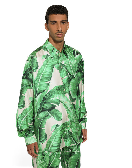 OVERSIZE SILK SHIRT WITH BANANA-TREE PRINT