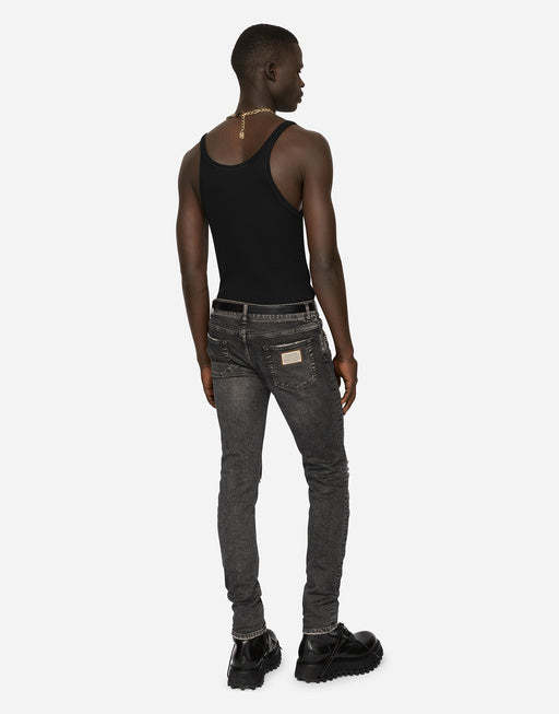GRAY SKINNY STRETCH JEANS WITH RIPS