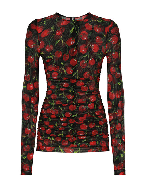 LONG-SLEEVED TULLE TOP WITH CHERRY PRINT AND DRAPING