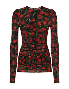 LONG-SLEEVED TULLE TOP WITH CHERRY PRINT AND DRAPING