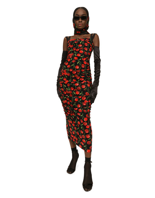 CHERRY-PRINT JERSEY CALF-LENGTH DRESS WITH DRAPING