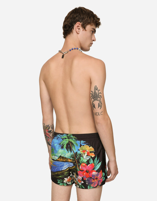 SHORT SWIM TRUNKS WITH HAWAIIAN PRINT