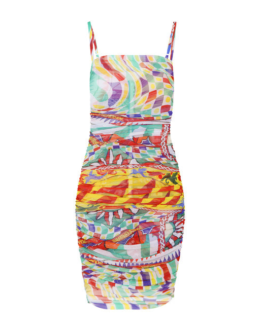 SHORT DRAPED TULLE DRESS WITH CARRETTO PRINT