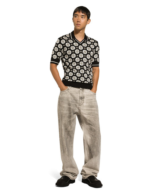 SILK JACQUARD V-NECK POLO-SHIRT WITH DG LOGO