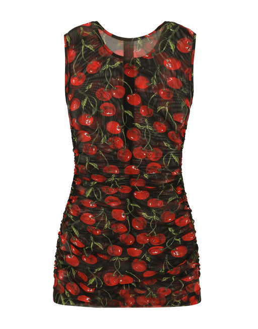 SLEEVELESS TULLE TOP WITH CHERRY PRINT AND DRAPING