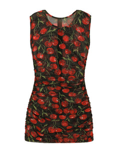 SLEEVELESS TULLE TOP WITH CHERRY PRINT AND DRAPING