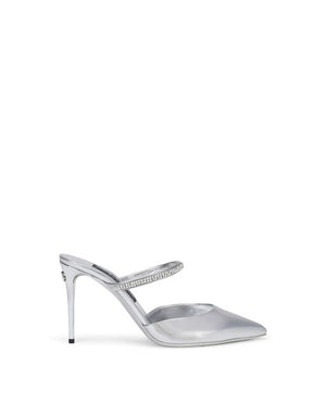 MIRRORED-EFFECT CALFSKIN MULES WITH EMBROIDERY