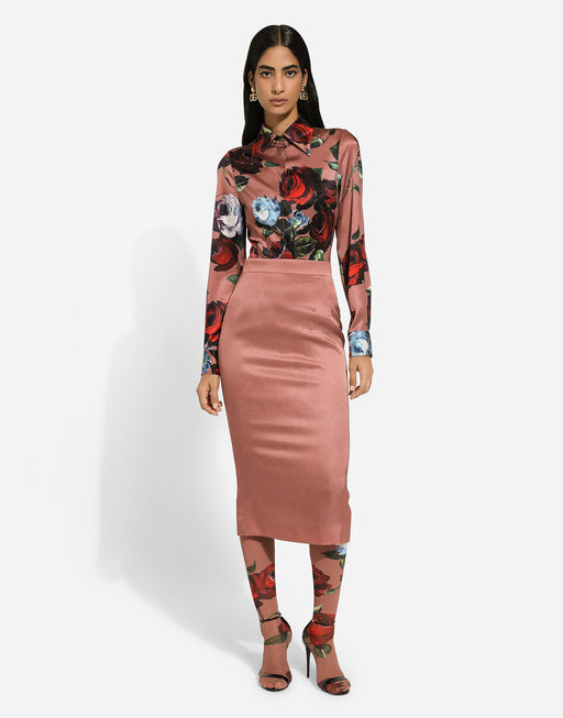 SATIN SHIRT WITH VINTAGE ROSE PRINT