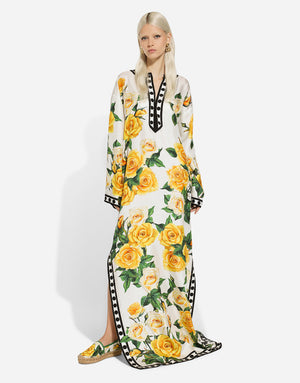 SILK CAFTAN WITH KIMONO SLEEVES AND YELLOW ROSE PRINT