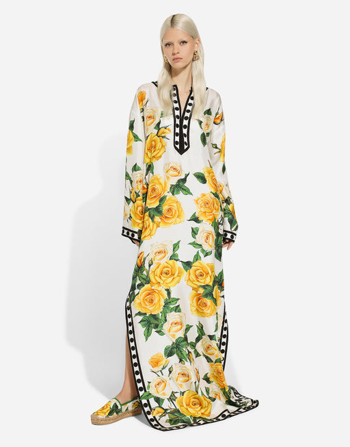 SILK CAFTAN WITH KIMONO SLEEVES AND YELLOW ROSE PRINT