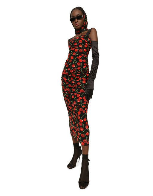 CHERRY-PRINT JERSEY CALF-LENGTH DRESS WITH DRAPING