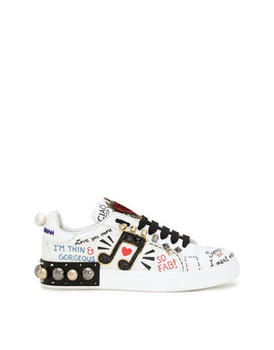 PRINTED CALFSKIN NAPPA PORTOFINO SNEAKERS WITH PATCH AND EMBROIDERY