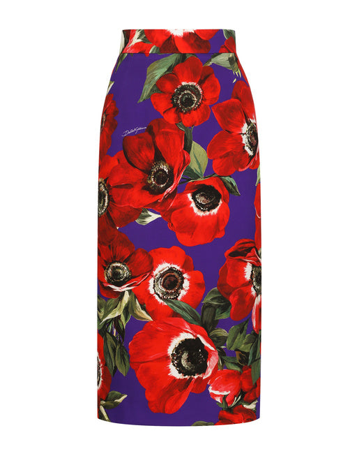 CHARMEUSE CALF-LENGTH SKIRT WITH ANEMONE PRINT