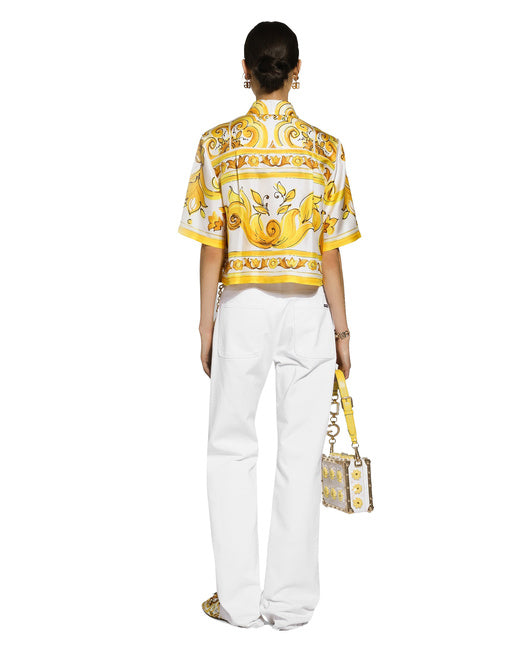 CROPPED SILK TWILL SHIRT WITH MAJOLICA PRINT