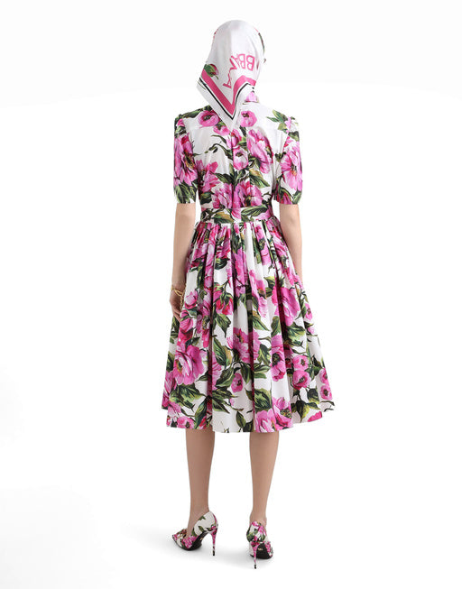 COTTON CALF-LENGTH SHIRT DRESS WITH PEONY PRINT