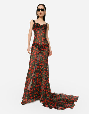 LONG CHERRY-PRINT CHIFFON DRESS WITH TRAIN