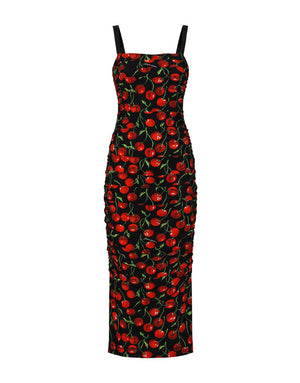 CHERRY-PRINT JERSEY CALF-LENGTH DRESS WITH DRAPING