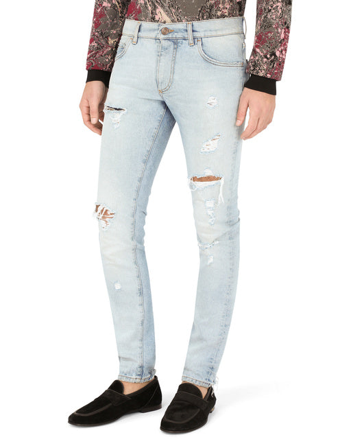 LIGHT BLUE SKINNY STRETCH JEANS WITH RIPS