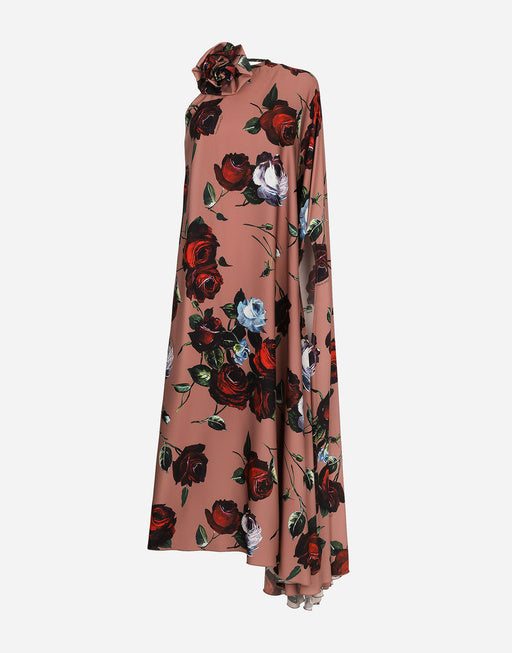 ASYMMETRICAL CHARMEUSE DRESS WITH VINTAGE ROSE PRINT
