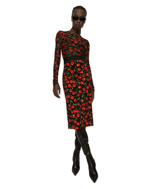 LONG-SLEEVED TULLE TOP WITH CHERRY PRINT AND DRAPING