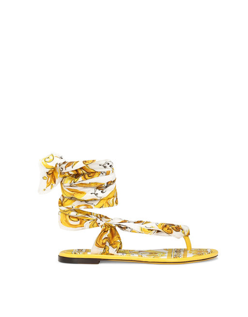 PRINTED SILK TWILL THONG SANDALS