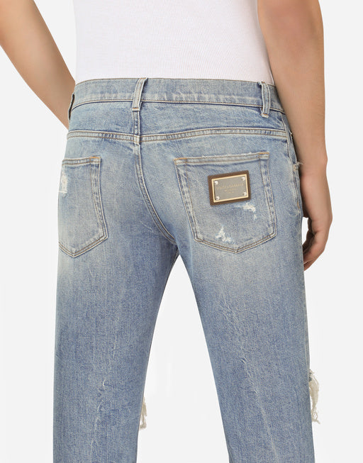 BLUE WASH SKINNY STRETCH JEANS WITH RIPS