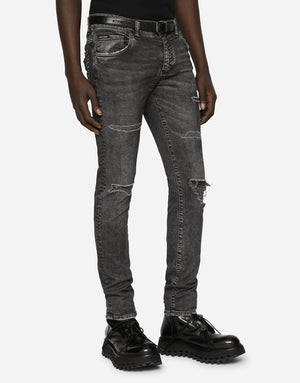 GRAY SKINNY STRETCH JEANS WITH RIPS